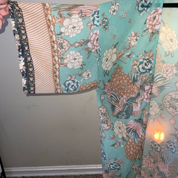 One size kimono swimsuit bodysuit cover sheer Turquoise with 10 lining accents - Picture 7 of 10